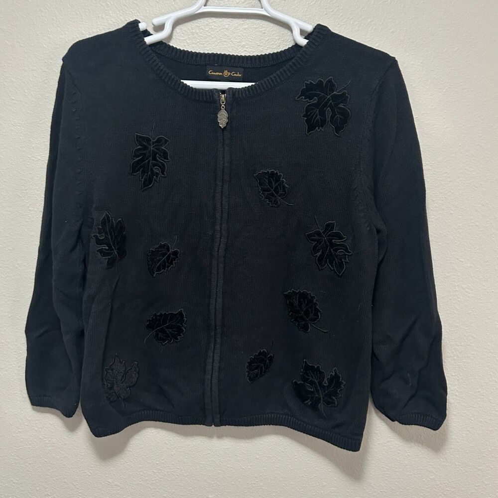 Cinnamon & Cinder Women XL Black Cardigan Sweater Velvet Leaf Applique Zip‎ Up
